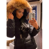 Sia Black Natural Real Fur Hood and Belt Coat