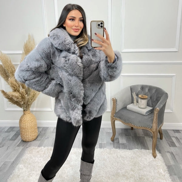 Nadia Grey Chevron Faux Fur Coat
